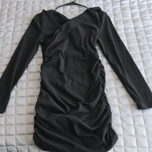 Long-Sleeve Black Ruched Sheath Dress